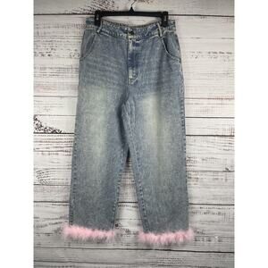Pretty Garbage Jeans Women's SZ L Blue Pink Feather Trim Cropped Fairy Y2K Style